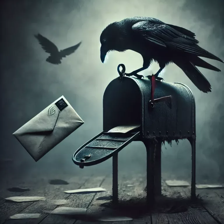 Un corbeau noir perché sur une vieille boîte aux lettres, une lettre tombant au sol dans une atmosphère brumeuse et mystérieuse.