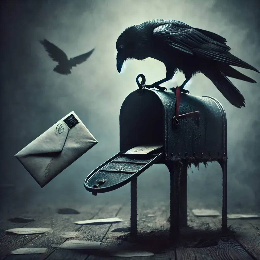 Un corbeau noir perché sur une vieille boîte aux lettres, une lettre tombant au sol dans une atmosphère brumeuse et mystérieuse.