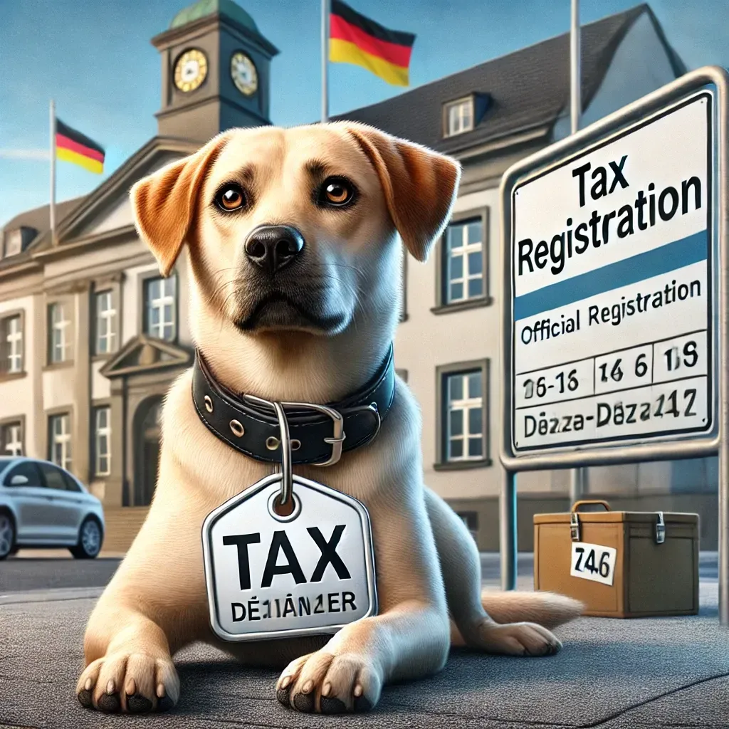 Un chien portant une médaille fiscale en Allemagne, illustrant la taxe municipale sur les chiens.