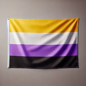 Drapeau non-binaire avec quatre bandes horizontales : jaune, blanc, violet et noir.