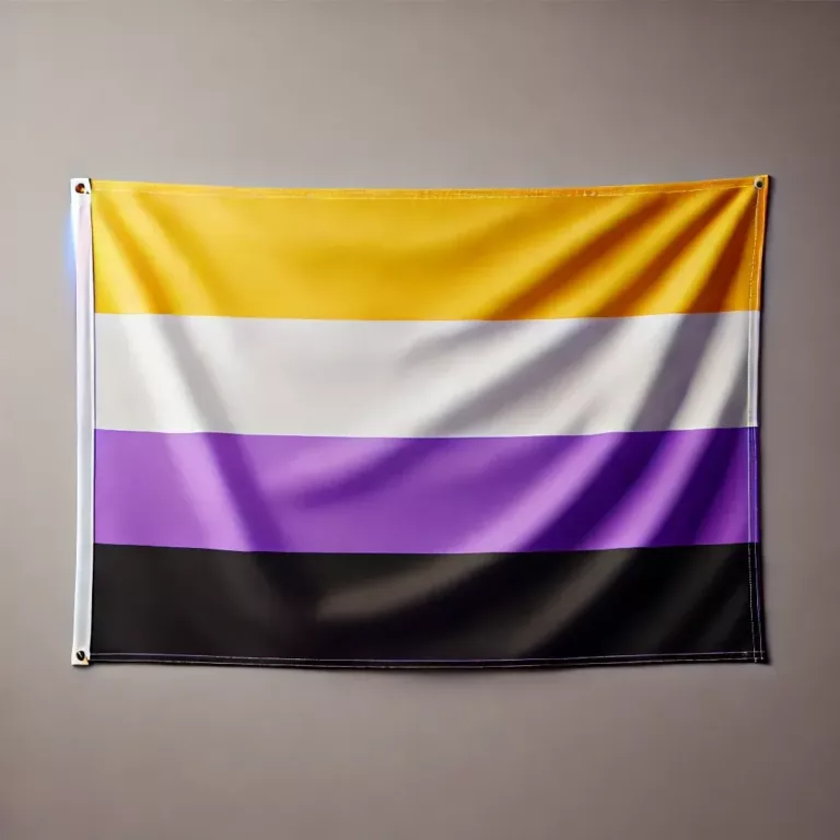 Drapeau non-binaire avec quatre bandes horizontales : jaune, blanc, violet et noir.