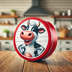 Boîte de fromage ronde avec une vache rouge souriante sur un fond rustique.