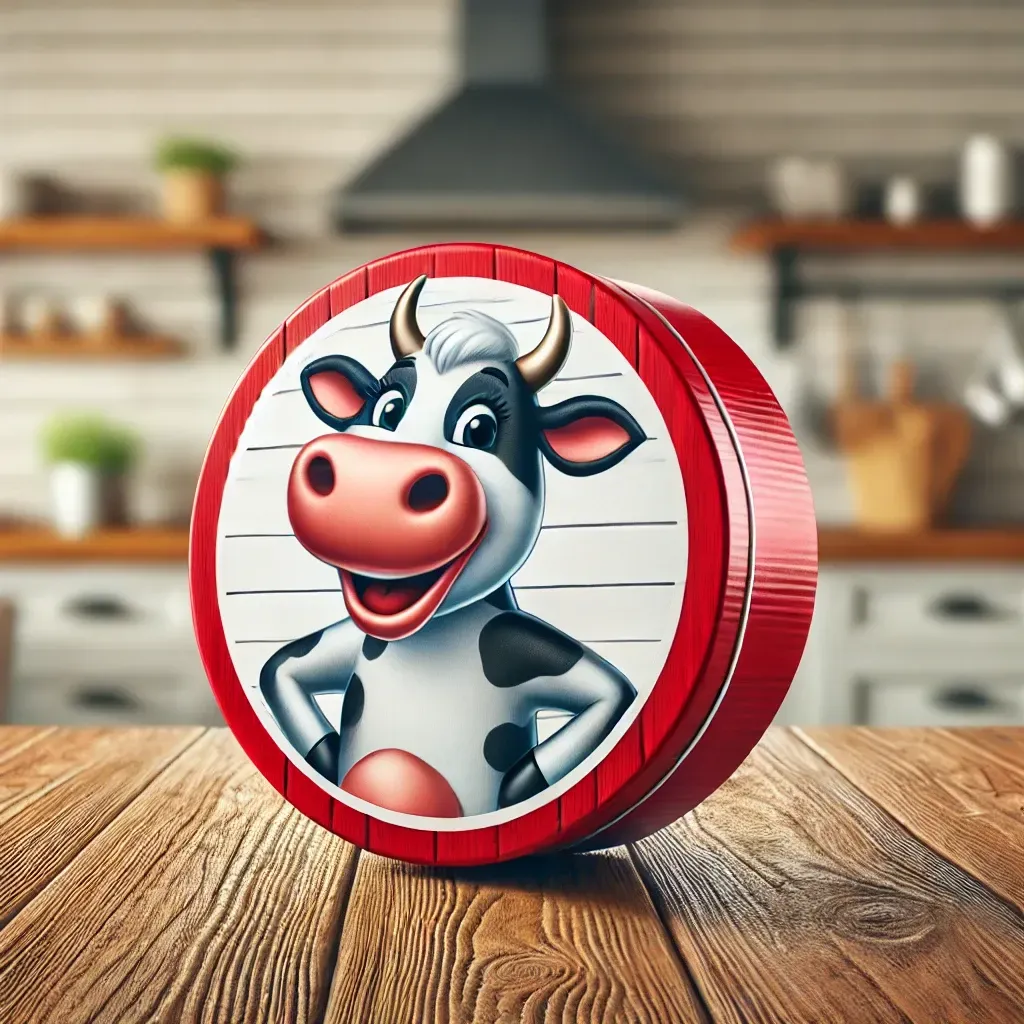Boîte de fromage ronde avec une vache rouge souriante sur un fond rustique.