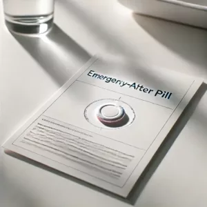 Pilule du lendemain et sa notice sur une table blanche.