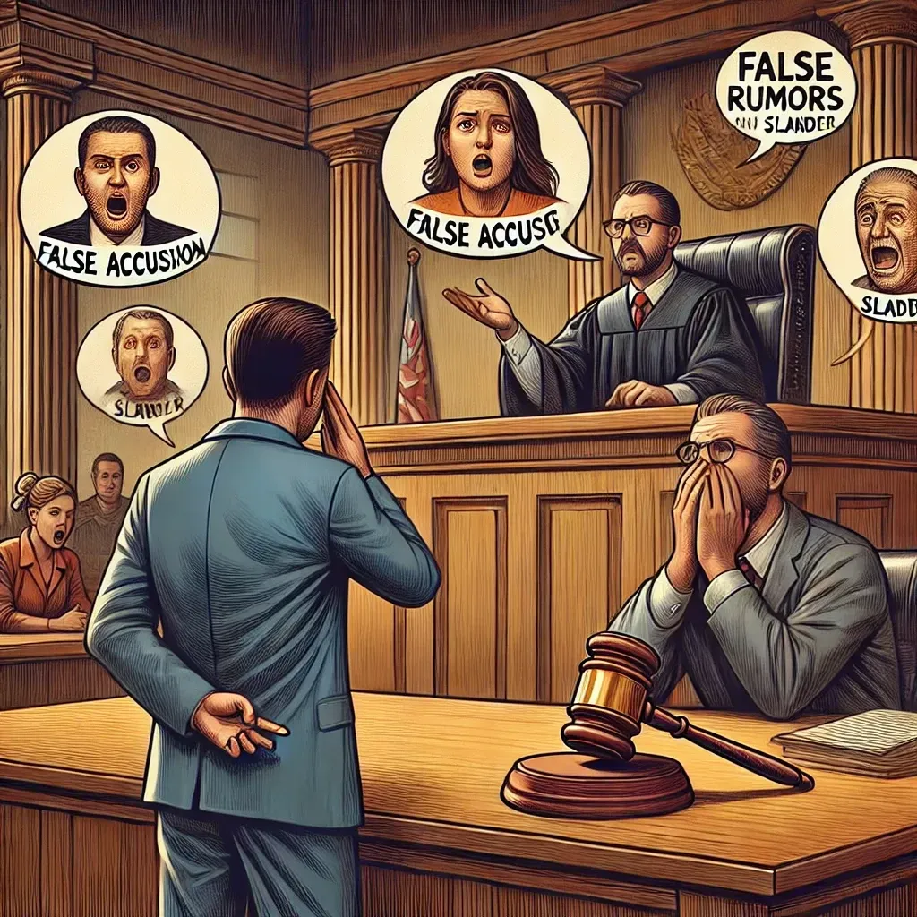 Un tribunal animé illustrant la fausse accusation et la calomnie. D'un côté, une personne accuse injustement une autre devant un juge, tandis que l'accusé semble bouleversé. De l'autre, une personne répand des rumeurs mensongères, portant atteinte à la réputation d’un individu.