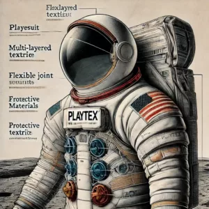 Illustration détaillée d’une combinaison spatiale Apollo conçue par Playtex, mettant en avant sa structure textile et ses couches protectrices.
