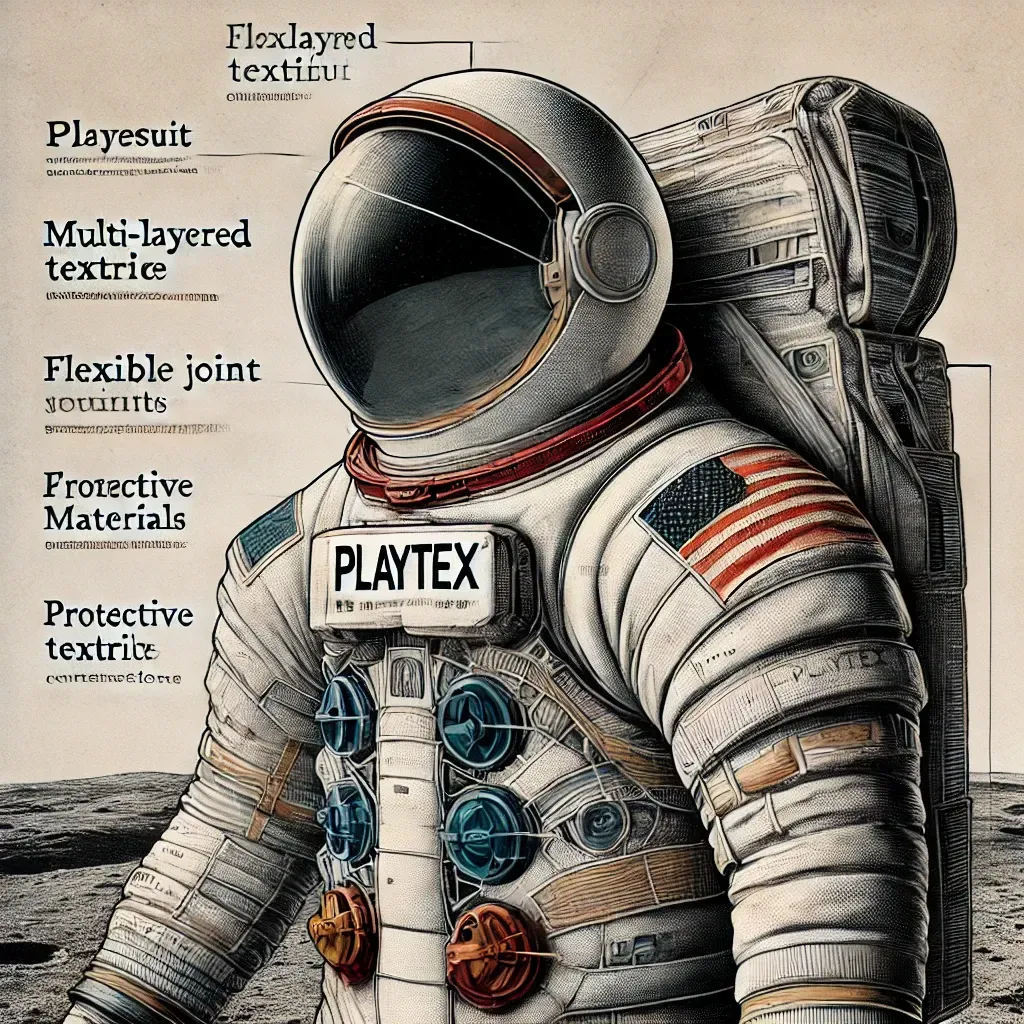 Illustration détaillée d’une combinaison spatiale Apollo conçue par Playtex, mettant en avant sa structure textile et ses couches protectrices.