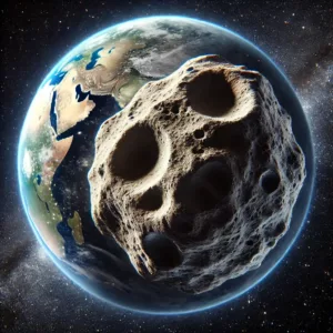Illustration réaliste de l’astéroïde Apophis s’approchant de la Terre, montrant sa surface rocheuse et sa trajectoire proche.