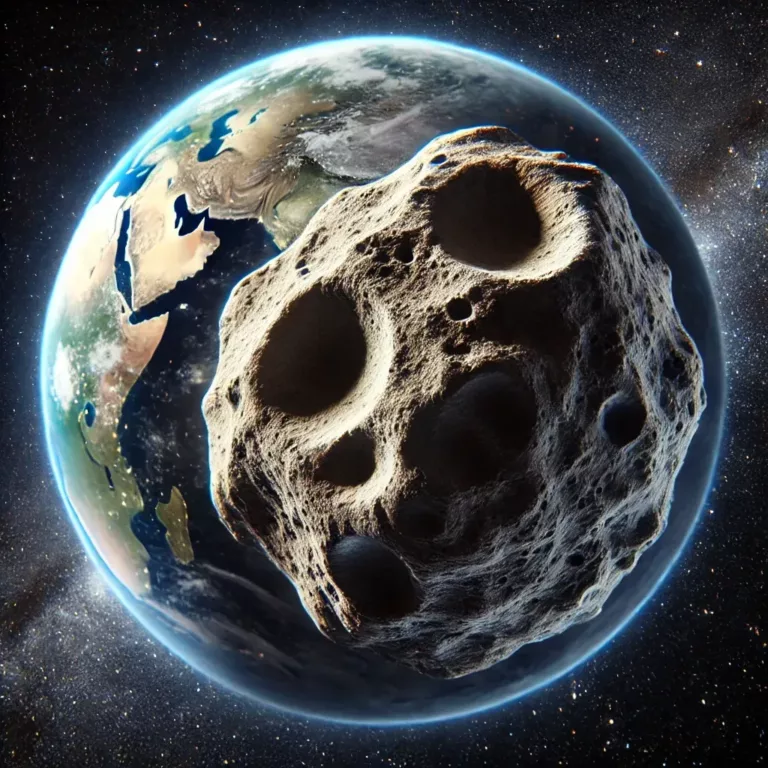 Illustration réaliste de l’astéroïde Apophis s’approchant de la Terre, montrant sa surface rocheuse et sa trajectoire proche.