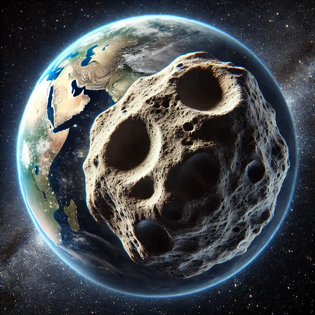 Illustration réaliste de l’astéroïde Apophis s’approchant de la Terre, montrant sa surface rocheuse et sa trajectoire proche.