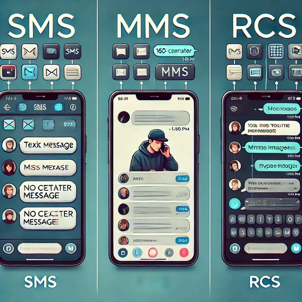 Illustration des différences entre SMS, MMS et RCS avec des exemples de conversations.