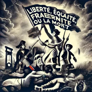 Gravure représentant la devise « Liberté, Égalité, Fraternité ou la Mort » sur un étendard révolutionnaire.