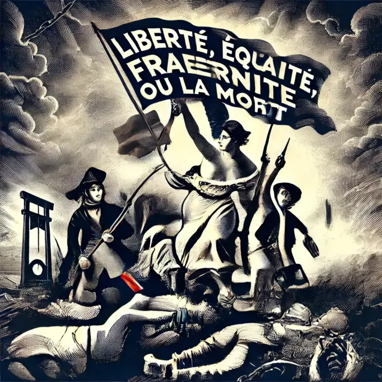 Gravure représentant la devise « Liberté, Égalité, Fraternité ou la Mort » sur un étendard révolutionnaire.