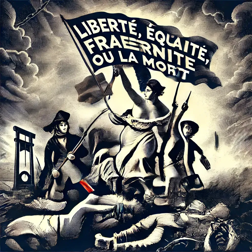 Gravure représentant la devise « Liberté, Égalité, Fraternité ou la Mort » sur un étendard révolutionnaire.
