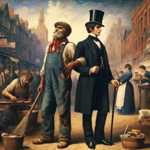 Un ouvrier du XIXᵉ siècle et un bourgeois sans noblesse dans une rue animée, illustrant la différence entre prolétaire et roturier.