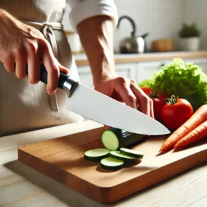 Couteau en céramique tranchant des légumes frais sur une planche en bois, dans une cuisine lumineuse et moderne.