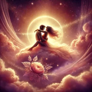 Illustration romantique du "7e ciel" avec un couple enlacé sur un nuage lumineux, entouré d'une douce lumière dorée et d’un ciel étoilé.