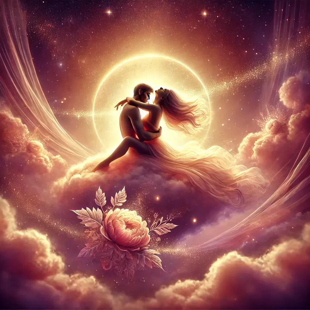 Illustration romantique du "7e ciel" avec un couple enlacé sur un nuage lumineux, entouré d'une douce lumière dorée et d’un ciel étoilé.
