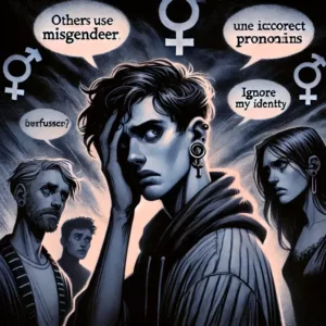 Illustration sombre illustrant l’impact négatif du mégenrage, montrant une personne transgenre en détresse face à l’indifférence et au rejet des autres.