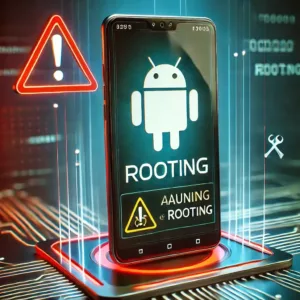 Smartphone Android affichant un message d'avertissement sur les risques du root.
