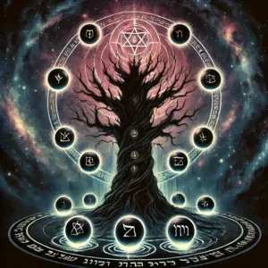 Illustration mystique des Qliphoth, représentant un arbre inversé sombre avec des symboles ésotériques et un fond cosmique.