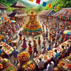 Scène animée de la fête du ver de bancoule à Farino, avec stands de nourriture, concours de dégustation et marché artisanal.