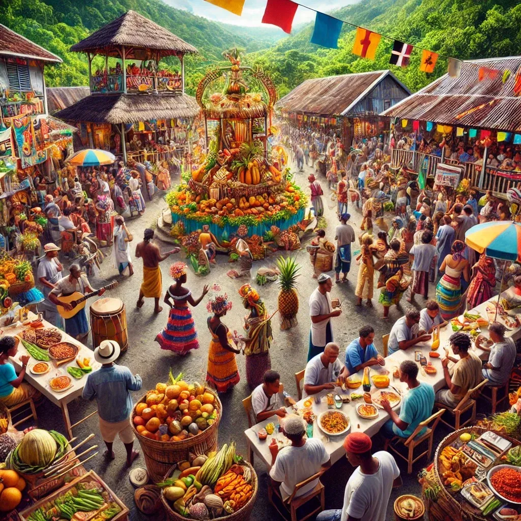 Scène animée de la fête du ver de bancoule à Farino, avec stands de nourriture, concours de dégustation et marché artisanal.