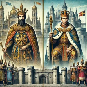 Illustration historique représentant un empereur et un roi côte à côte, chacun sur son trône, dans un cadre majestueux.
