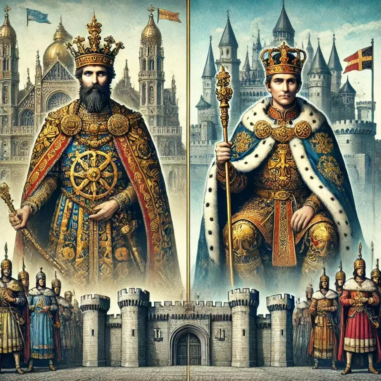 Illustration historique représentant un empereur et un roi côte à côte, chacun sur son trône, dans un cadre majestueux.