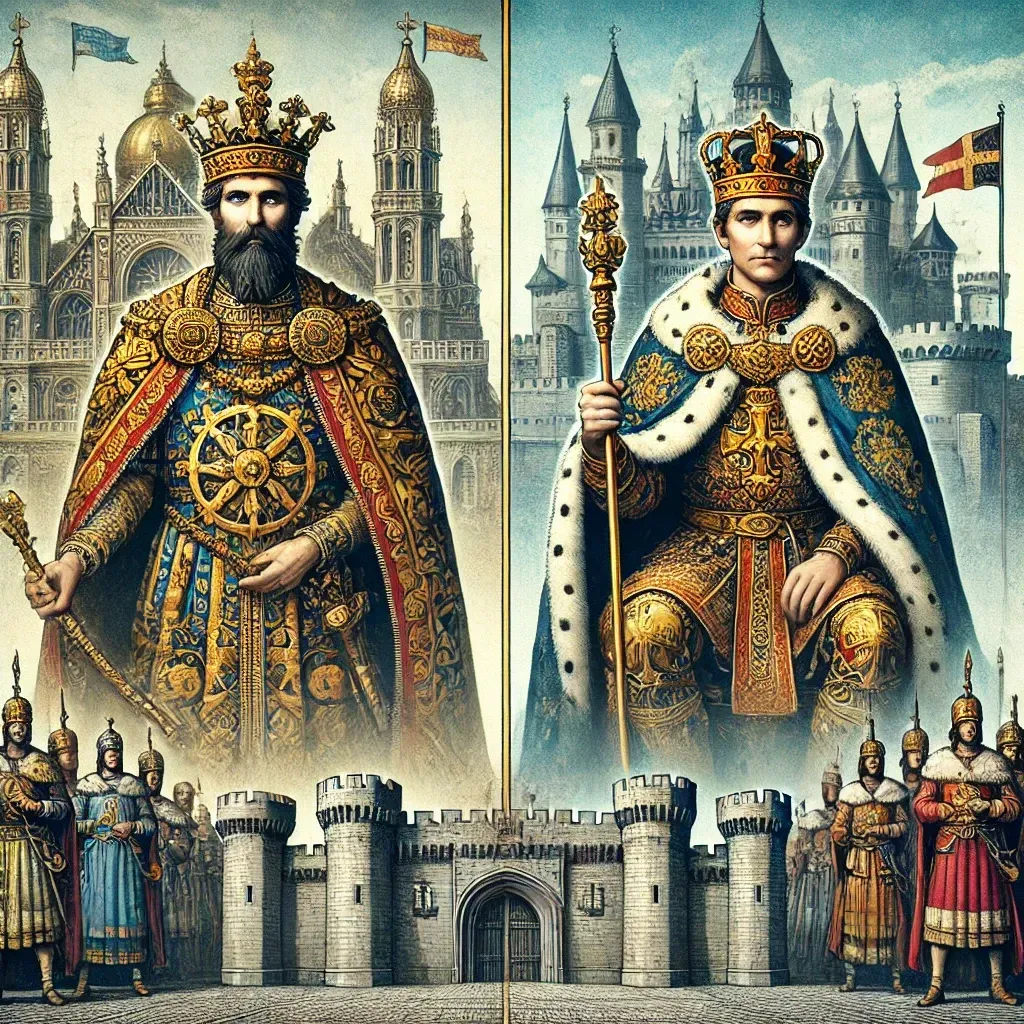 Illustration historique représentant un empereur et un roi côte à côte, chacun sur son trône, dans un cadre majestueux.
