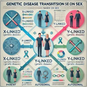 Infographie sur la transmission des maladies génétiques en fonction du sexe des parents et des enfants.