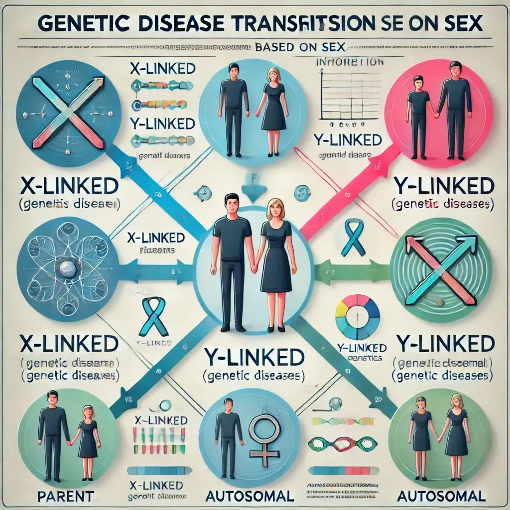 Infographie sur la transmission des maladies génétiques en fonction du sexe des parents et des enfants.