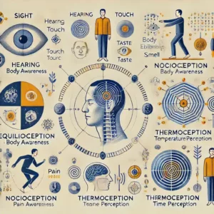 Illustration éducative des différents sens humains, incluant les perceptions au-delà des cinq classiques.