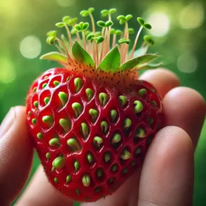 Gros plan d’une fraise mûre avec des graines germantes.