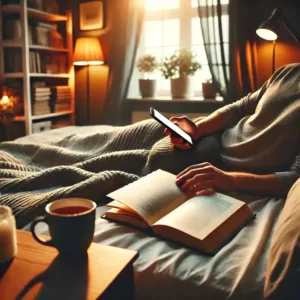 Personne allongée dans un lit confortable, lisant un livre et utilisant un smartphone.