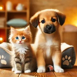 Un chaton mignon et un chiot joueur assis ensemble dans un environnement chaleureux.