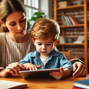 Un enfant utilisant une tablette de manière éducative sous la supervision d’un parent attentif.