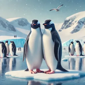 Deux manchots mâles debout sur une surface glacée, illustrant le comportement homosexuel chez les animaux.