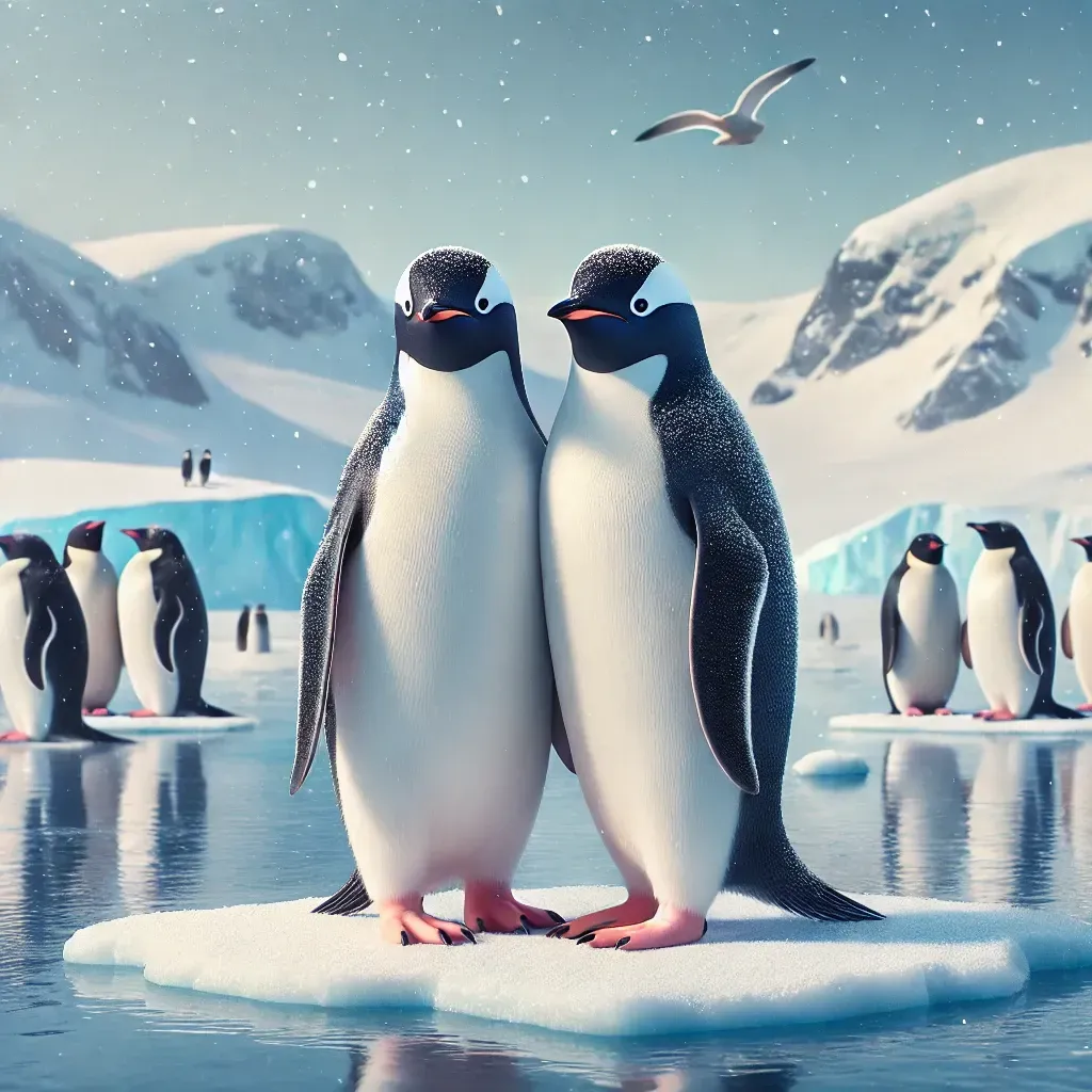 Deux manchots mâles debout sur une surface glacée, illustrant le comportement homosexuel chez les animaux.