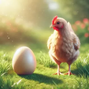 Une poule curieuse observant un œuf sur un fond naturel verdoyant.