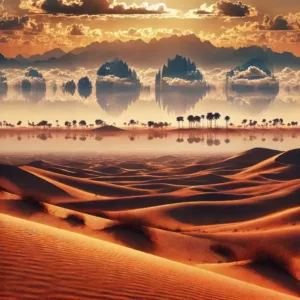 Un mirage Fata Morgana montrant une illusion naturelle de montagnes et d'arbres flottant dans le ciel au-dessus du désert.