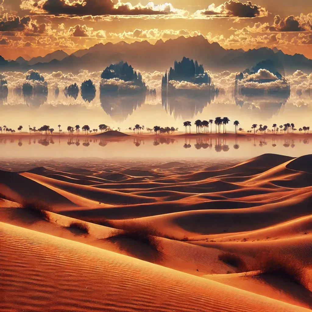 Un mirage Fata Morgana montrant une illusion naturelle de montagnes et d'arbres flottant dans le ciel au-dessus du désert.