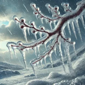 Branche d'arbre recouverte de glace après un épisode de pluie en surfusion.