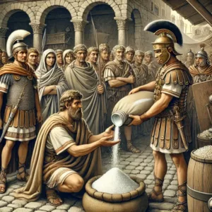 Illustration historique montrant des soldats romains recevant une ration de sel ou une bourse en paiement.