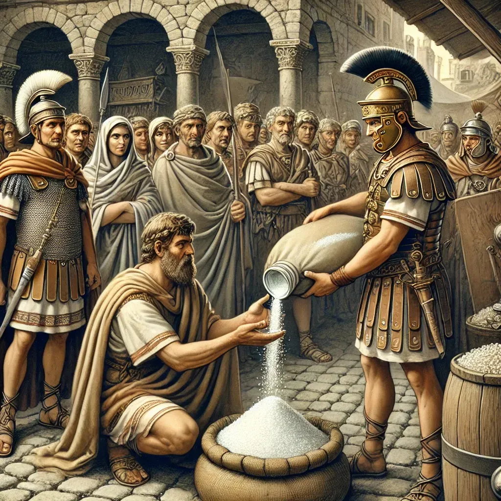 Illustration historique montrant des soldats romains recevant une ration de sel ou une bourse en paiement.