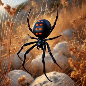Gros plan sur une malmignatte (Latrodectus tredecimguttatus), la veuve noire présente en France, suspendue à sa toile entre des herbes sèches et des rochers.