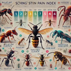 Infographie illustrant l’échelle de douleur de Schmidt avec des insectes comme la fourmi balle de fusil, l’abeille domestique et la guêpe Pepsis, classés selon leurs niveaux de douleur de 0 à 4.