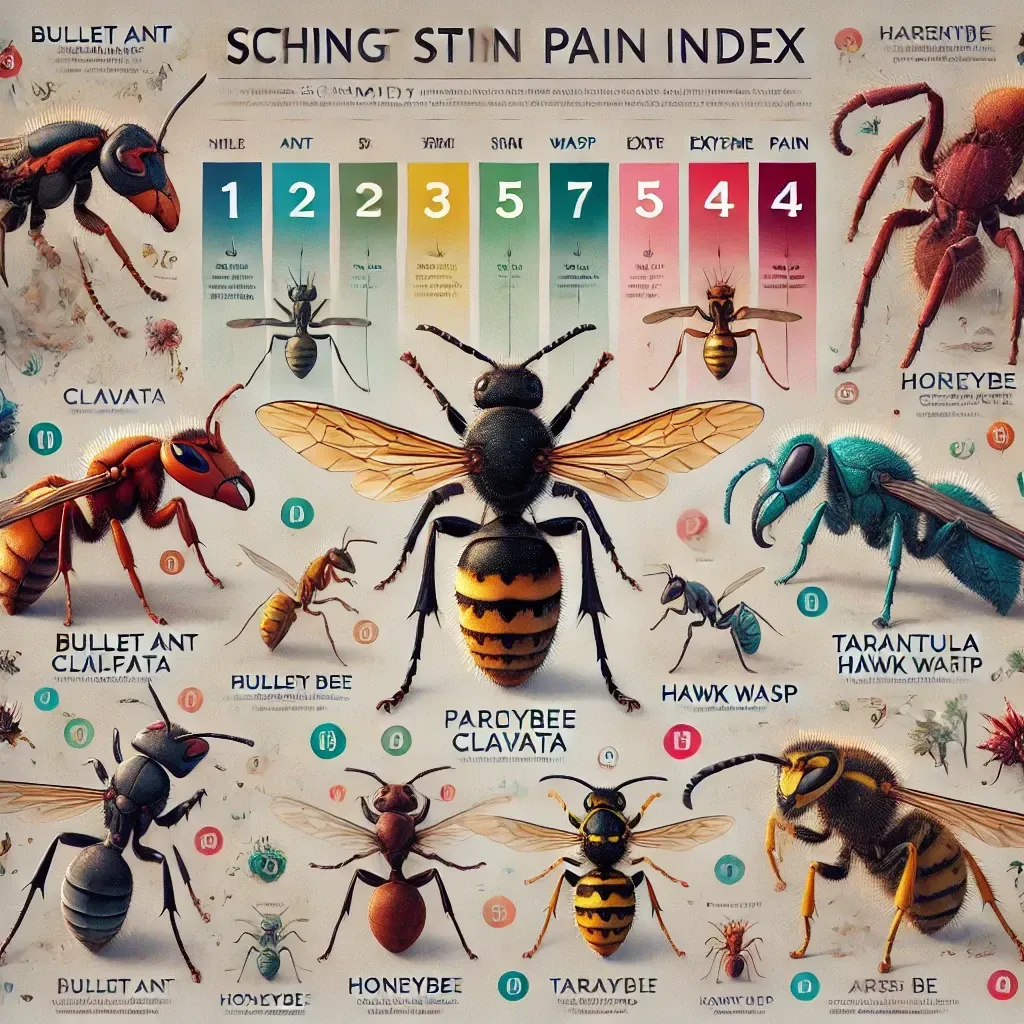 Infographie illustrant l’échelle de douleur de Schmidt avec des insectes comme la fourmi balle de fusil, l’abeille domestique et la guêpe Pepsis, classés selon leurs niveaux de douleur de 0 à 4.
