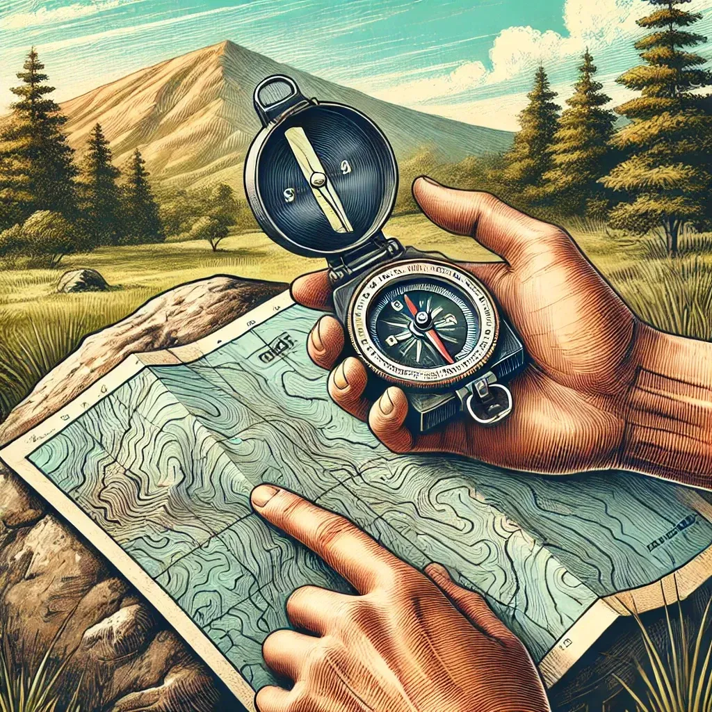 Randonneur utilisant une boussole et une carte en pleine nature, alignant la boussole avec la carte sur un rocher.