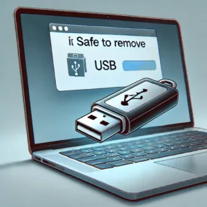 Illustration d’une clé USB en cours d’éjection sécurisée d’un ordinateur portable, avec un message de confirmation affiché à l’écran.